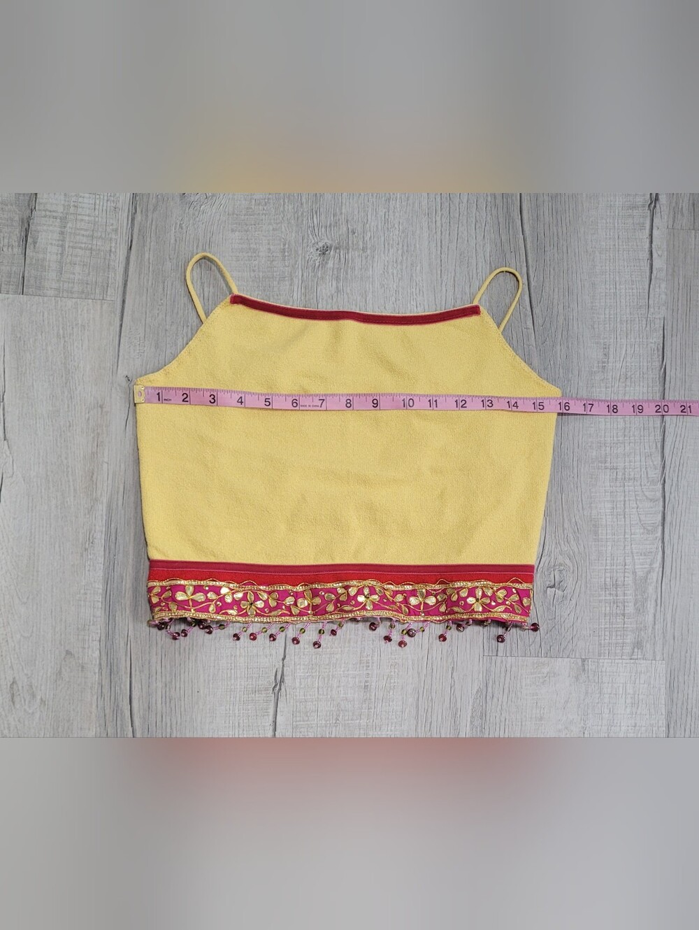 ​Vintage 90s Y2K Cache Yellow Beaded Fringe Open Back Cami Crop Top Large - Picture 9 of 13